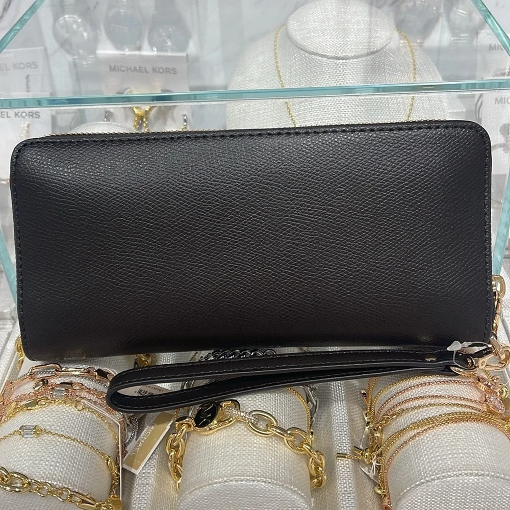 Michael Kors JST Lg Leather Continental Wallet Wristlet Phone Holder Chocolate